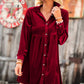 Fiery Red Long Sleeve Ruffle Velvet Button Up Dress