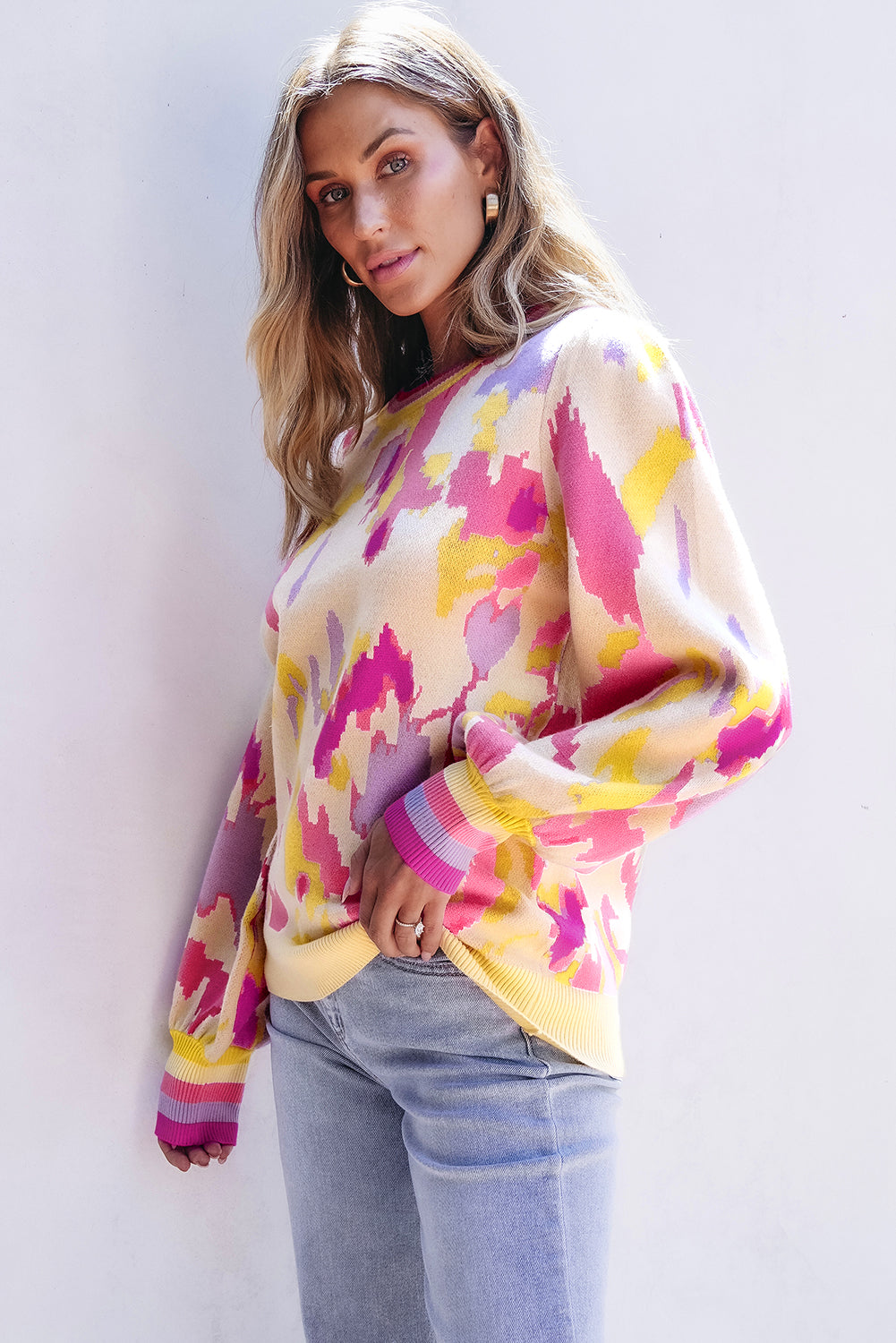 Khaki Abstract Print Colourblock Balloon Sleeve Sweater