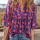 Purple Floral Half Sleeve Split Neck Blouse Top