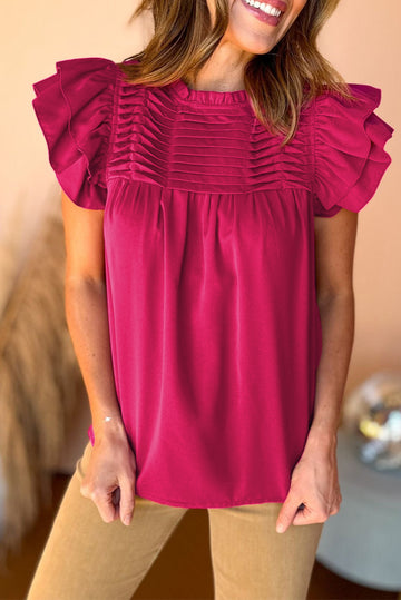 Rose Red Smocked Ruffle Sleeve Blouse