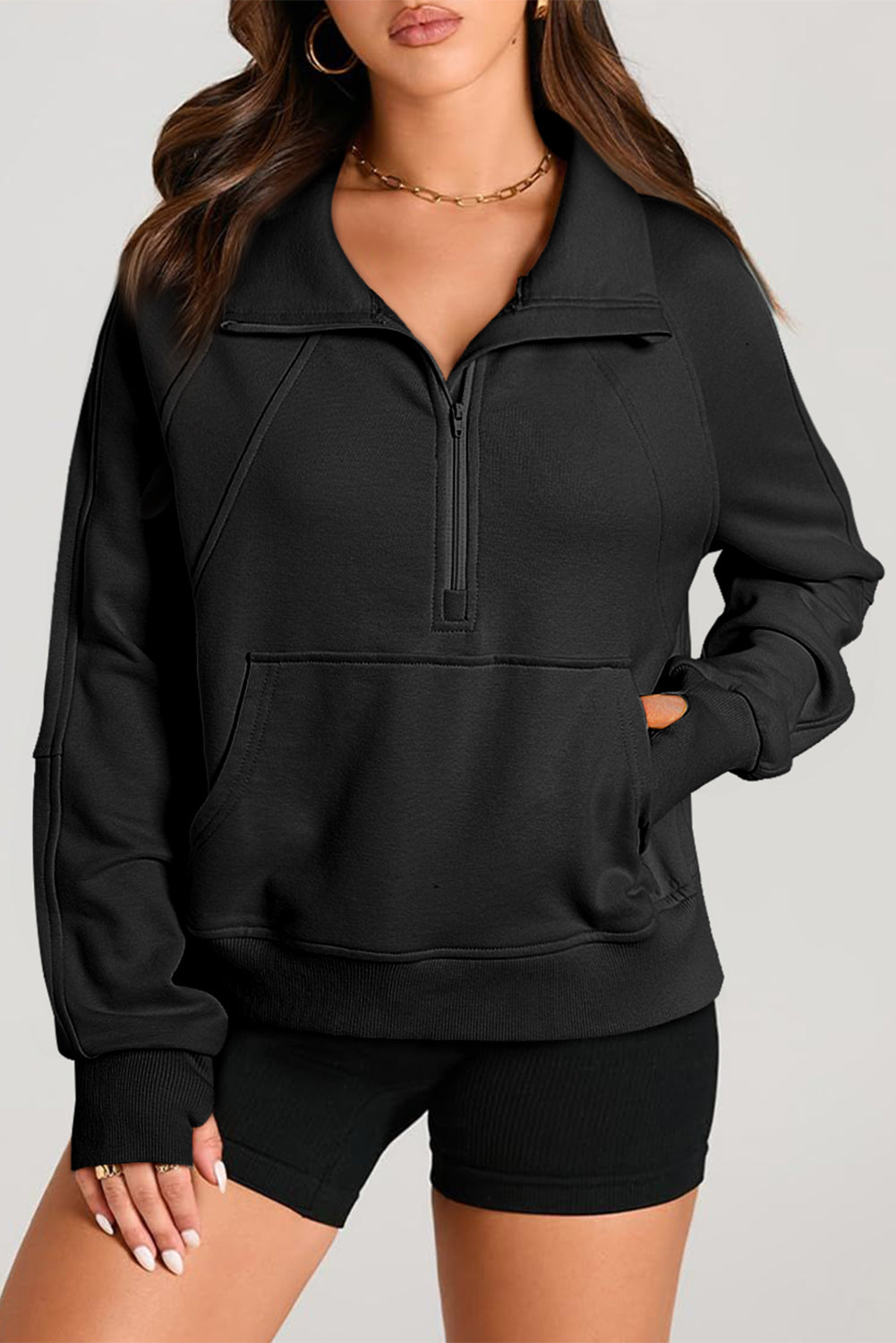 Valerian Quarter Zip Stand Neck Kangaroo Pocket Sweatshirt