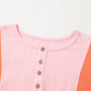 Pink Colorblock Long Sleeve Buttons Henley Top