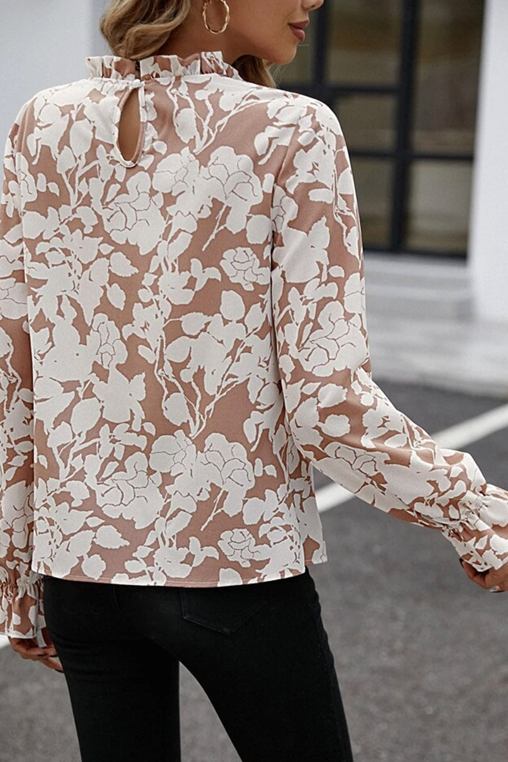 Light French Beige Floral Print Frilled Neckline Flounce Sleeve Blouse