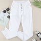 White Plain High Waist Buttons Frayed Cropped Denim Jeans