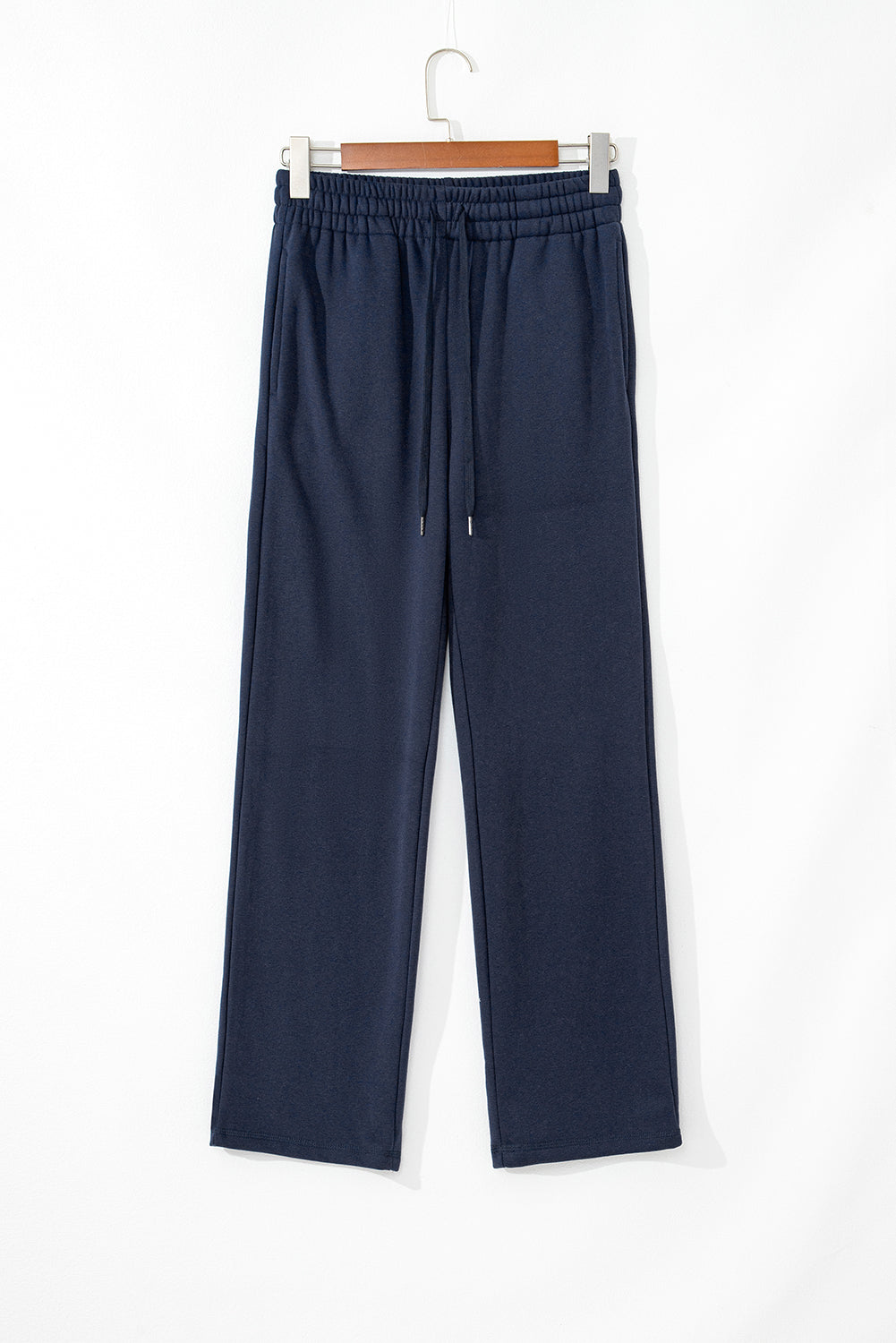 Navy Blue Solid Colour Fleece Lined Drawstring Waist Casual Trousers