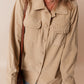 Light French Beige Solid Frilled Flap Pocket Button Up Corduroy Shacket