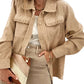 Light French Beige Solid Frilled Flap Pocket Button Up Corduroy Shacket