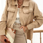 Light French Beige Solid Frilled Flap Pocket Button Up Corduroy Shacket