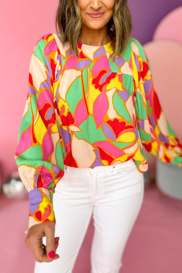 Yellow Abstract Print Puff Sleeve Blouse