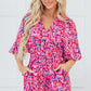 Pink Abstract Print Puff Sleeve V Neck High Waist Romper