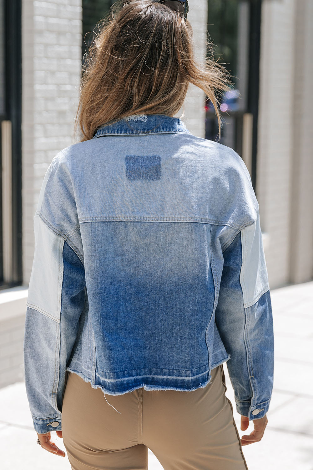 Sky Blue Colour Block Denim Patchwork Frayed Hem Jacket