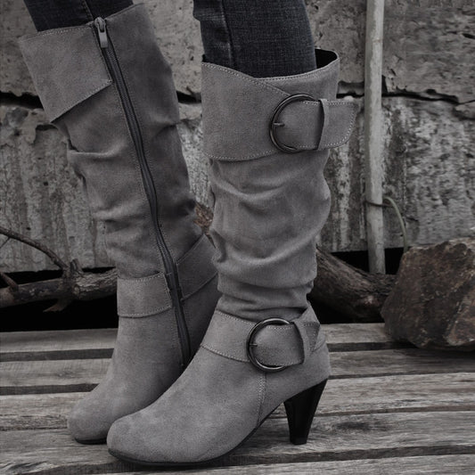 Buckle Strap Side Zip Heeled Mid Calf Boots