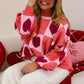 Pink Plus Size Love Heart Block Mock Neck Lantern Sleeve Valentine Sweater