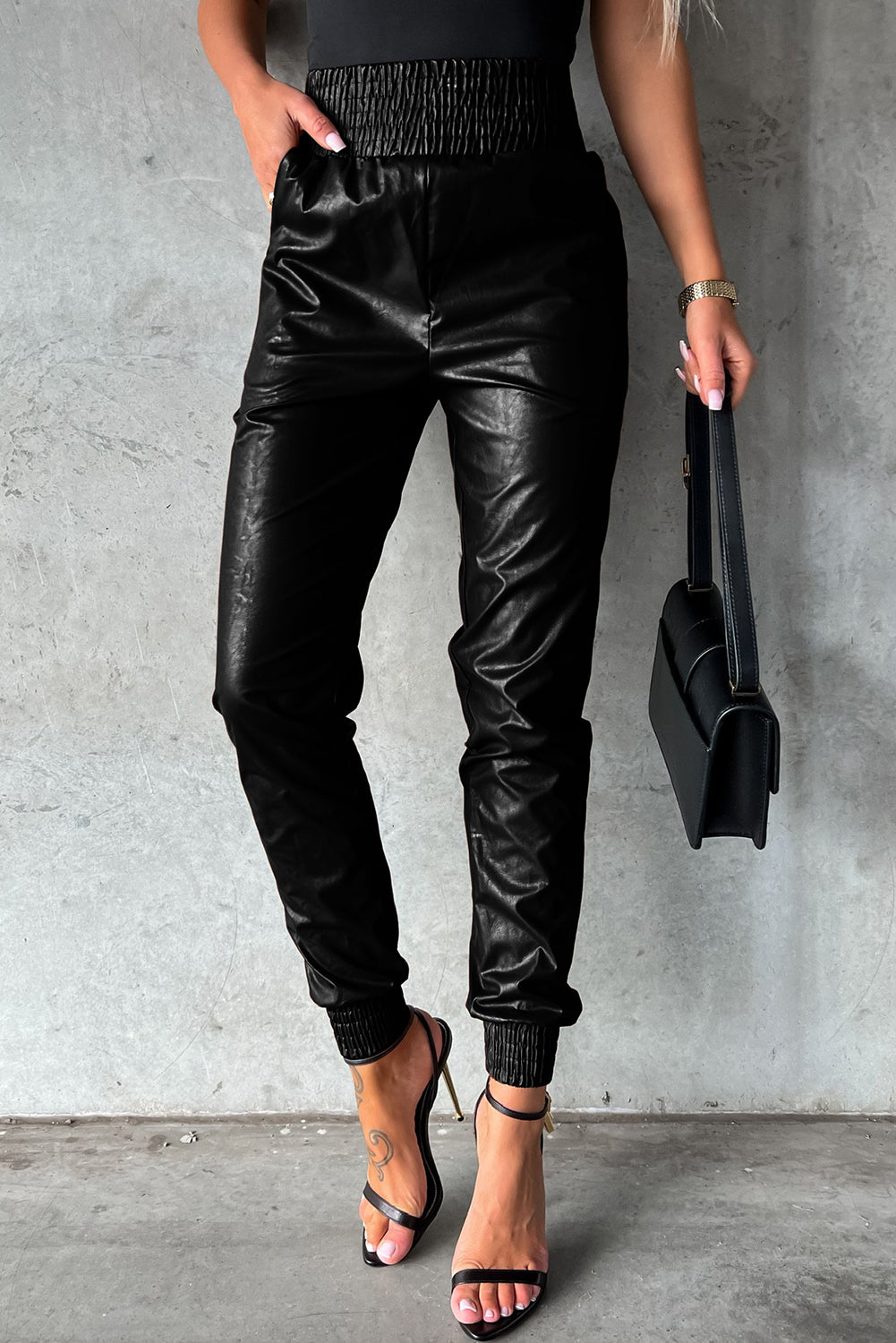 Brown Smocked High-Waist Leather Skinny Pants