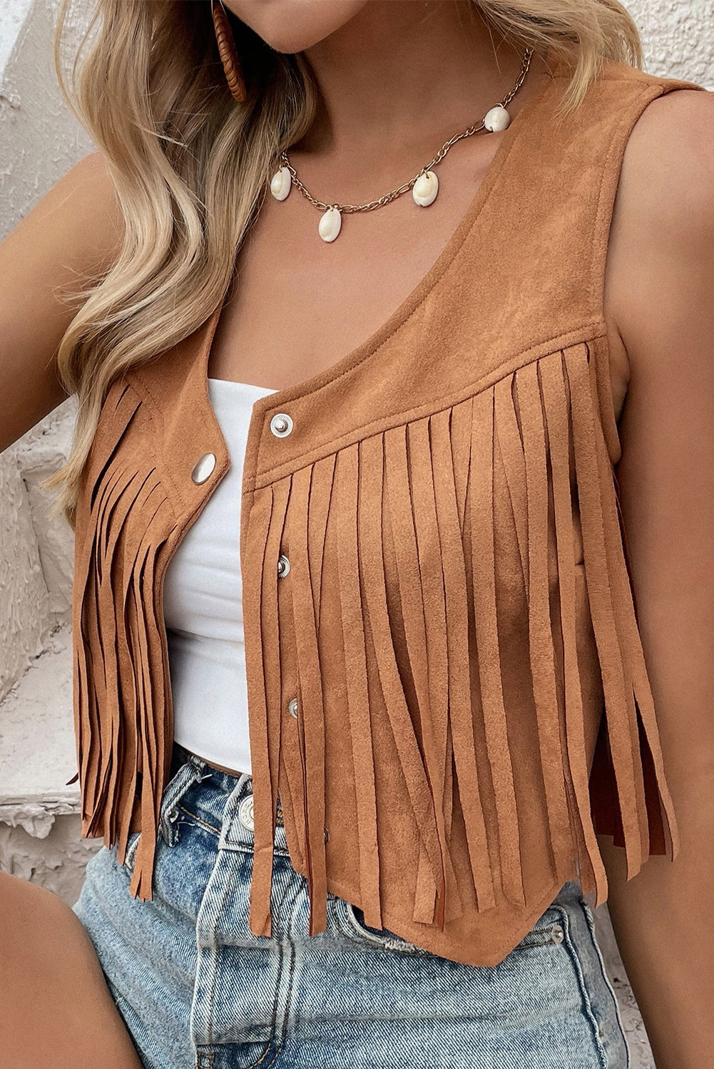 Camel Fringed Snap Button Front Suedette Sleeveless Jacket