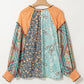 Green Floral Patchwork Lantern Sleeve Buttoned V Neck Plus Size Blouse