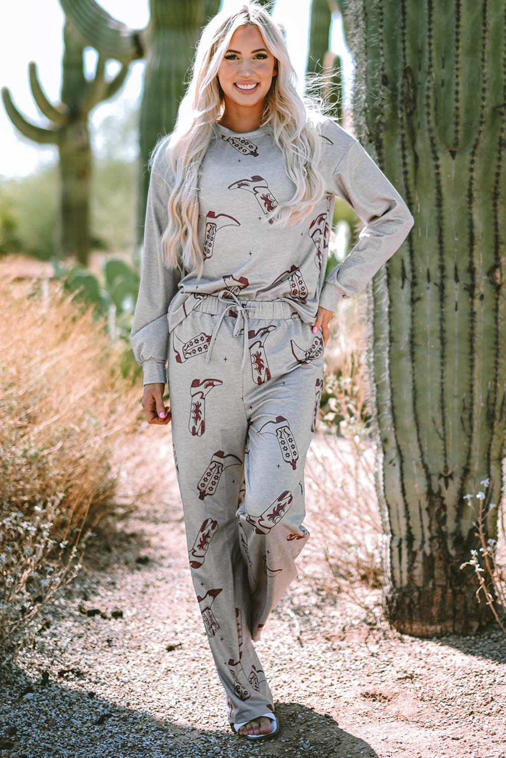 Grey Cowgirl Boots Printed Long Sleeve Top Trousers Lounge Set