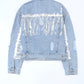 Sky Blue Sequin Embellished Fringe Distressed Denim Jacket