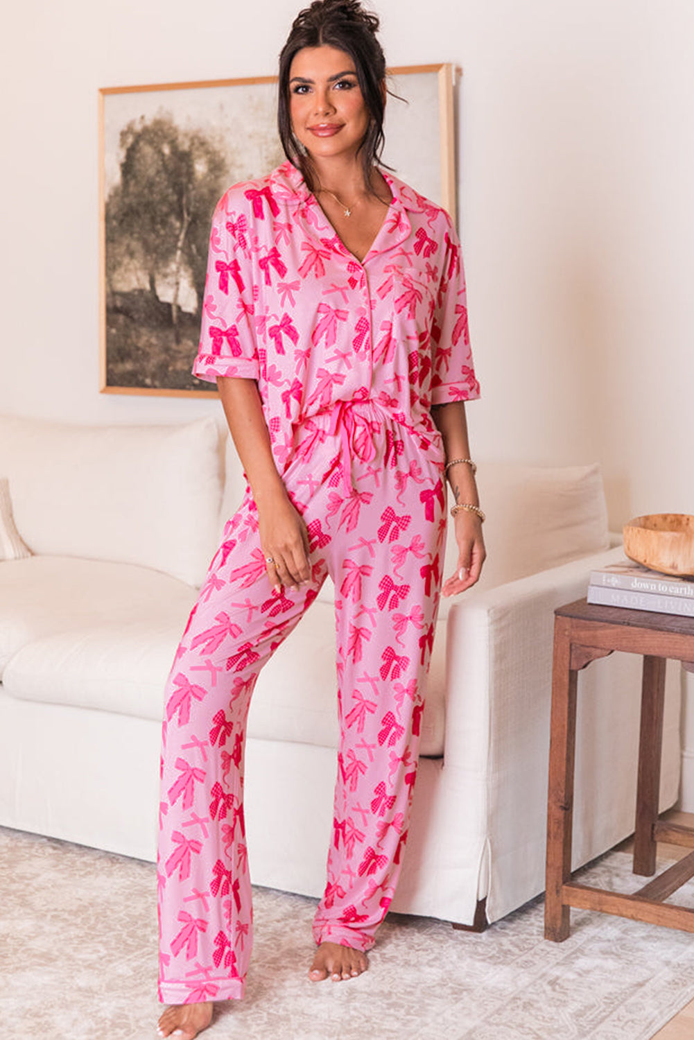 Pink Bow Knot Print Lapel Collar Short Sleeve and Pants Pyjamas Set