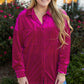 Bright Pink Plus Size Velvet Chest Pocket Drop Shoulder Shirt