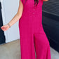 Bright Pink Terry Textured Sleeveless Button Front Wide Leg Jumpsuit