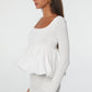 White U Neck Long Sleeve Bubble Hem Top