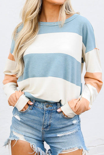 Light Blue Colourblock Striped Drop Shoulder Long Sleeve Top