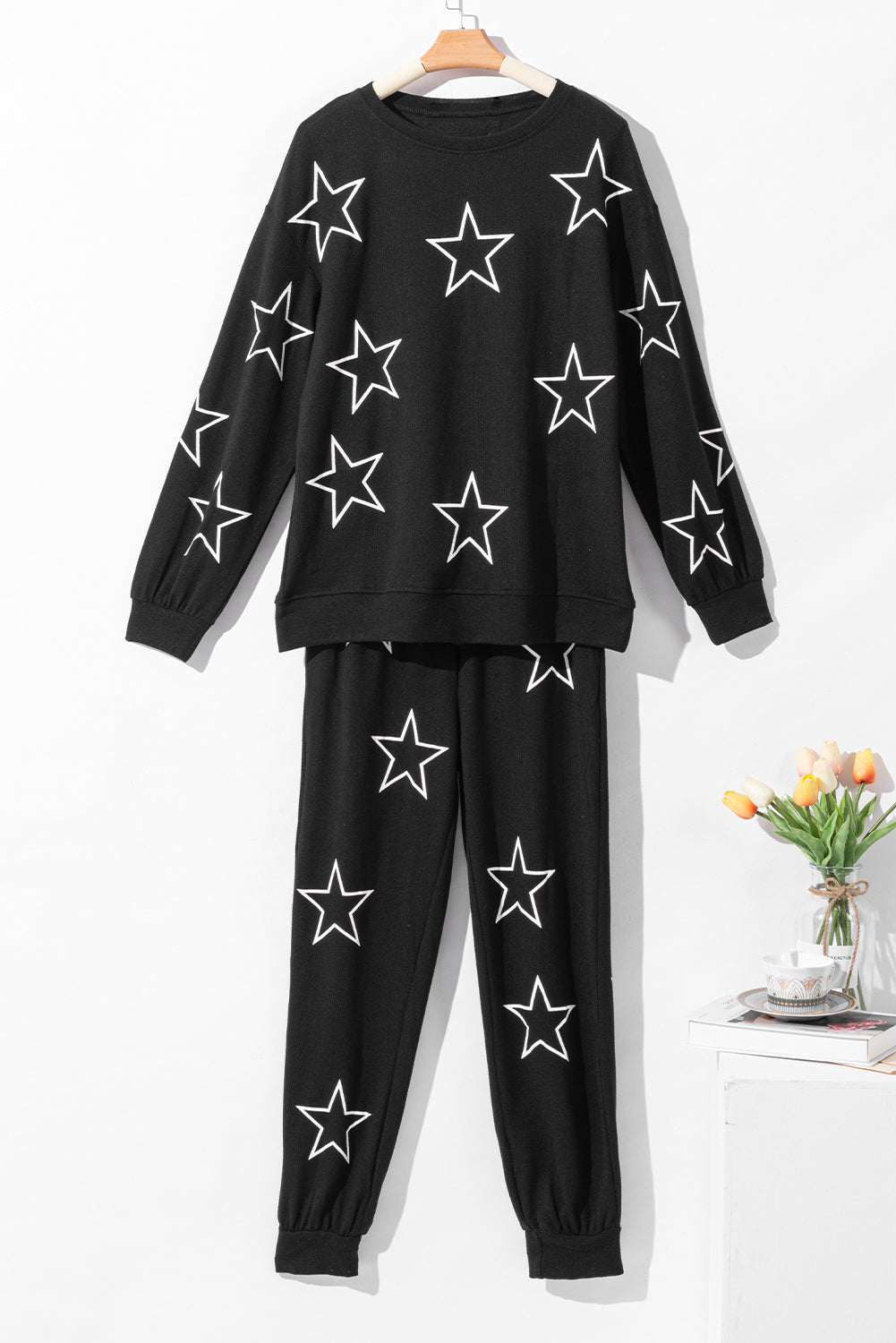 Grey Stars Print Long Sleeve Drawstring High Waist Lounge Set