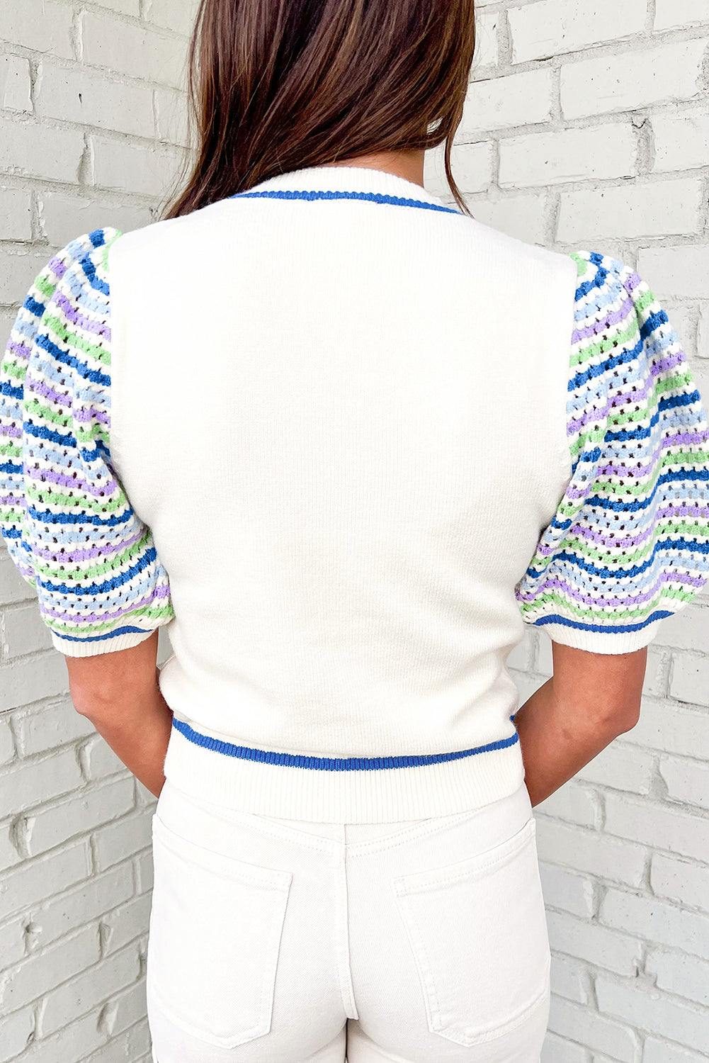 White Crochet Striped Bubble Sleeve Knit Sweater