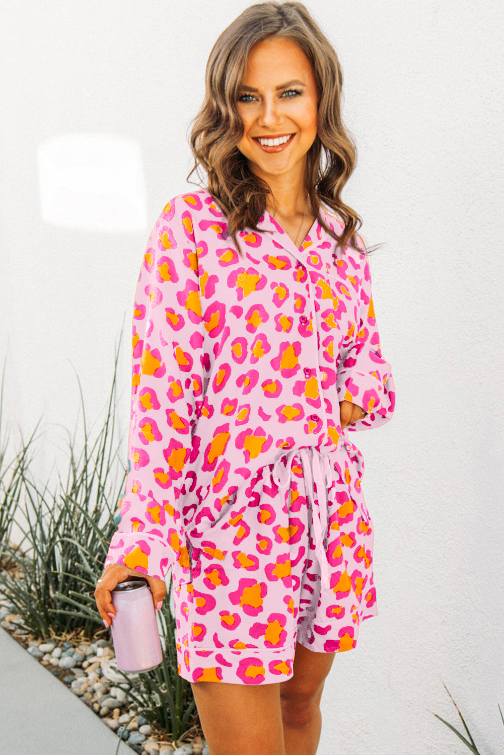 Pink Leopard Print Long Sleeve Shirt and Shorts Pyjamas Set