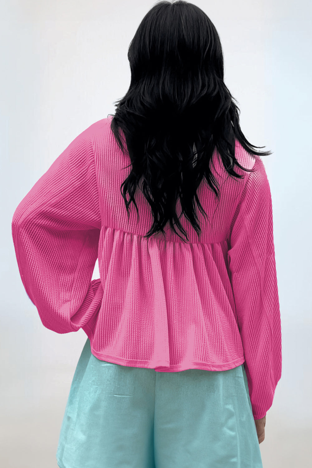 Bright Pink Corduroy Turn-down V Neck Bubble Sleeve Babydoll Blouse