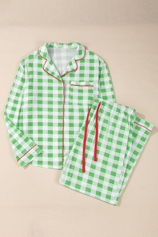 Green Plaid Print Contrast Trim Long Sleeve Plus Size Pyjamas Set