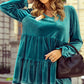 Sea Green Velvet V Neck Peplum Hem Puff Sleeve Blouse