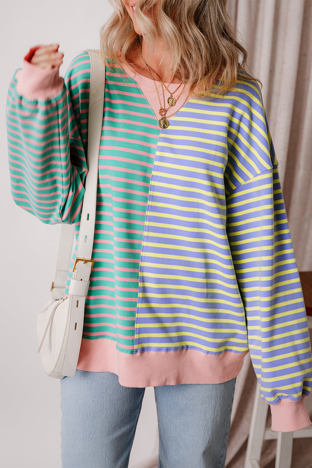 Brown Stripe Casual Stripe Colourblock Drop Shoulder Oversize Sweatshirt