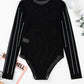 Black Rhinestone Decor Striped Mesh Long Sleeve Bodysuit