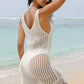 White Crochet Fishnet Fringed Edge V Neck Beach Cover Up