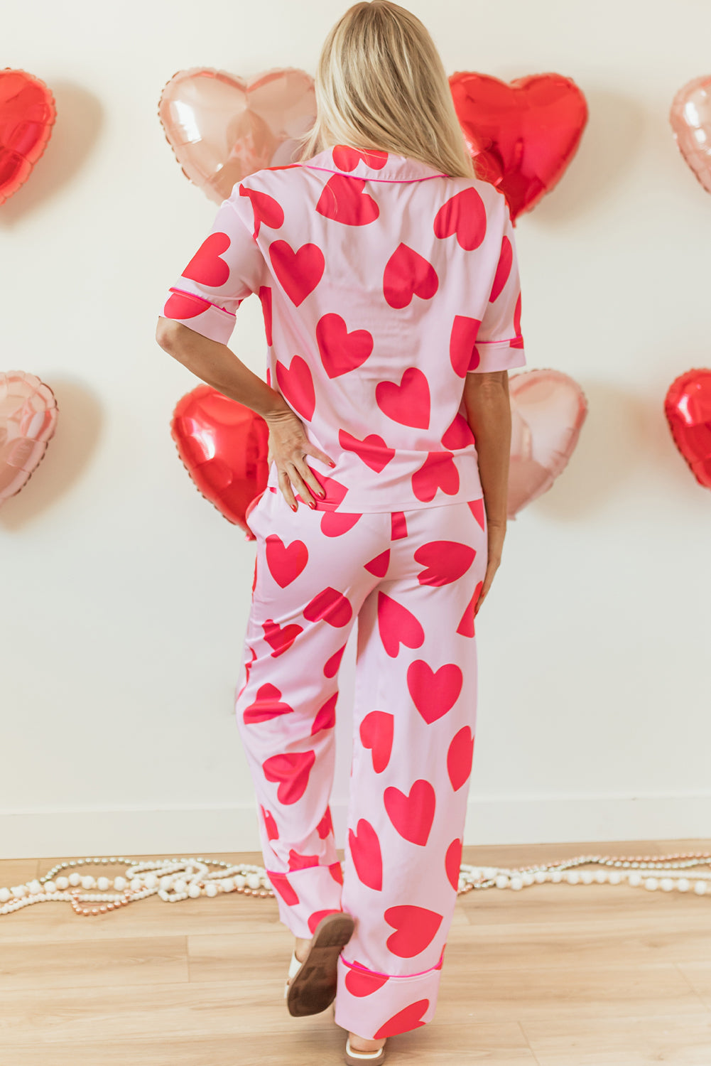 Pink Classic Heart Valentines Short Sleeve Pants Pyjamas Set