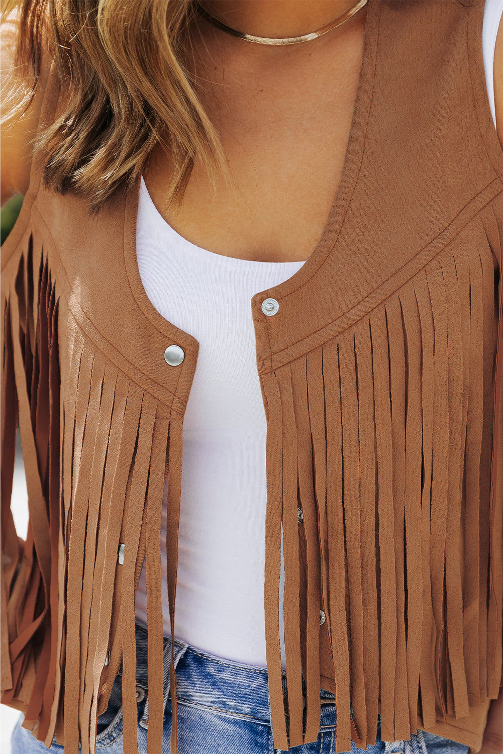 Camel Fringed Snap Button Front Suedette Sleeveless Jacket