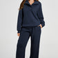 Navy Blue Solid Colour Collared Sweatshirt and High Waist Pants Set