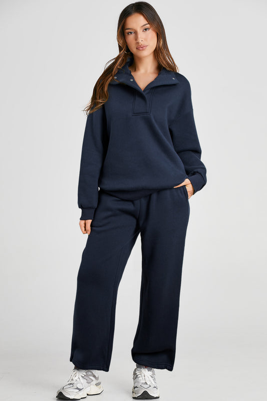 Navy Blue Solid Colour Collared Sweatshirt and High Waist Pants Set