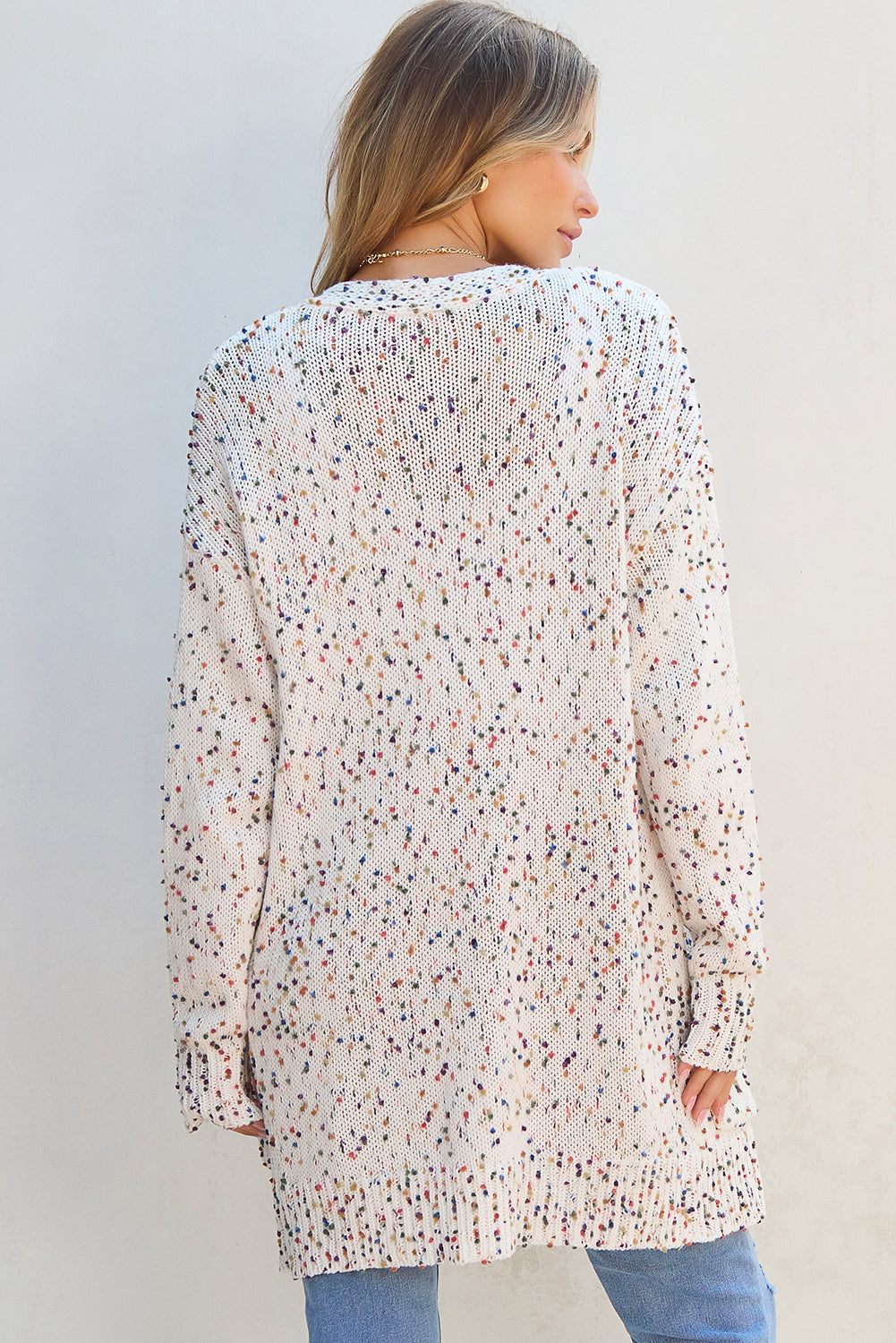 White Multicolour Dotted Rib Knit Long Sleeve Cardigan