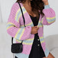 Pink Contrast Striped Open Front Cable Cardigan