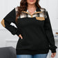 Black Plus Size Quilted Plaid Patch Henley Sweatshirt