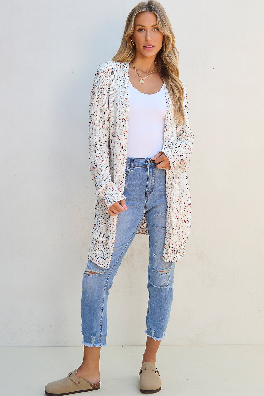 White Multicolour Dotted Rib Knit Long Sleeve Cardigan