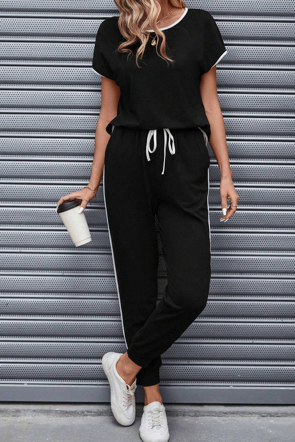 Black Colourblock Trim Casual Two Piece Lounge Set