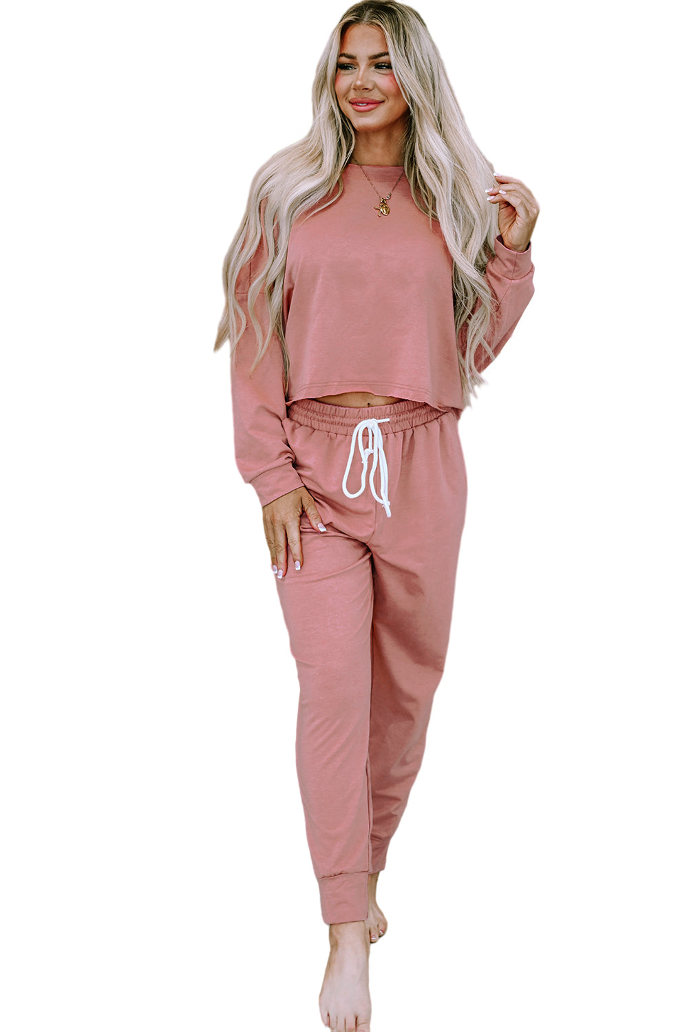 Pink Solid Sport Boxy Fit Pullover & Trousers Outfit