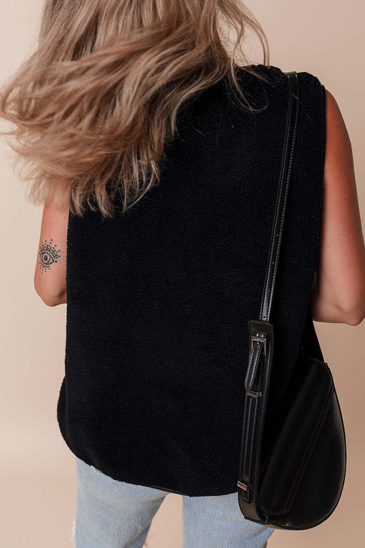 Black Leather Contrast Buttoned Fleece Sleeveless Jacket