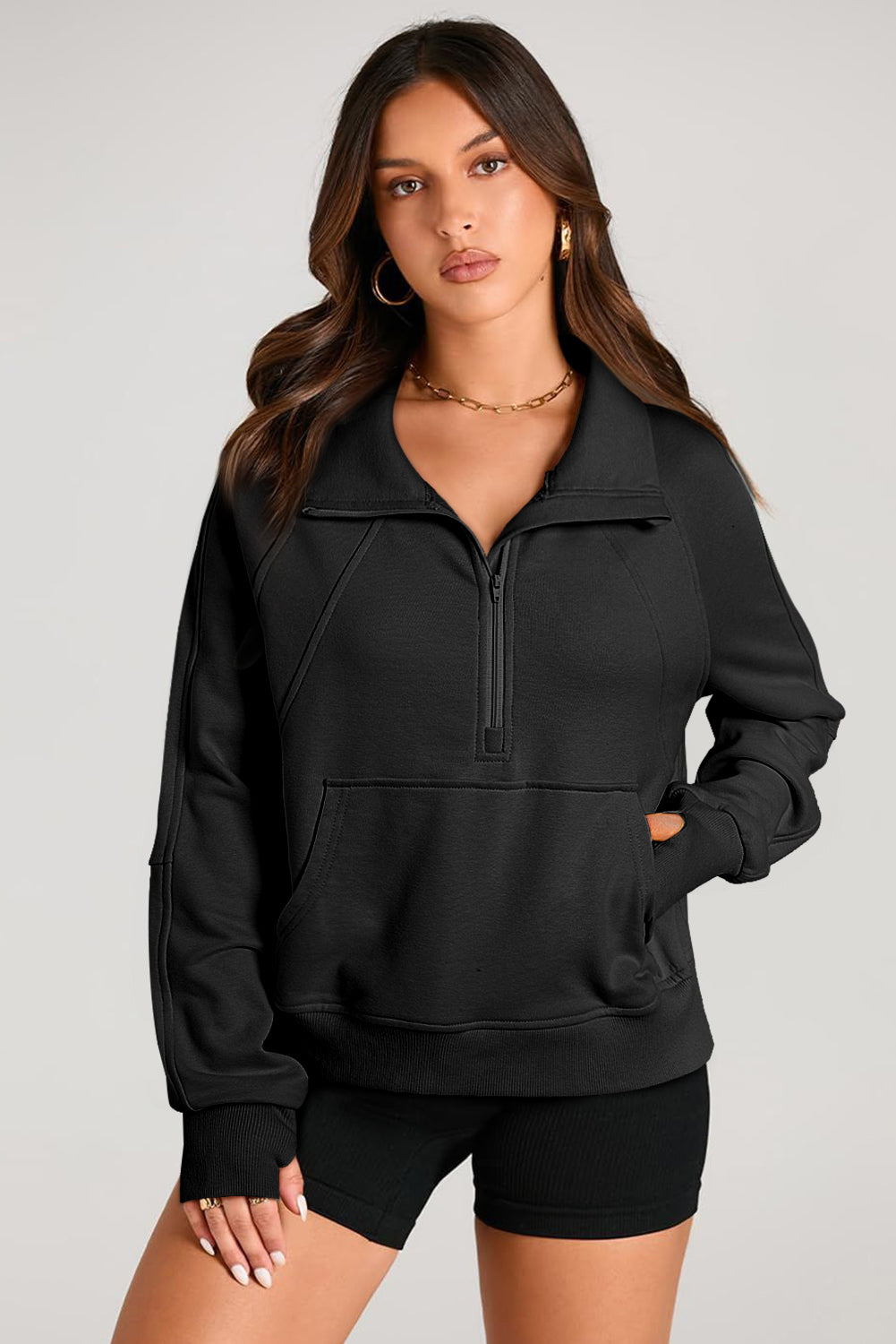 Valerian Quarter Zip Stand Neck Kangaroo Pocket Sweatshirt