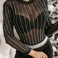 Black Rhinestone Decor Striped Mesh Long Sleeve Bodysuit