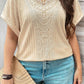 Beige Lace Crochet Patched Cable Textured Cuffed Short Sleeve Plus Size Top